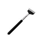 An extendable back scratcher with a black handle and a metallic, multi-pronged scratching head.