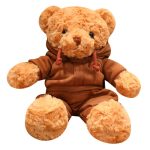 A brown teddy bear wearing a matching hoodie, featuring soft fur and a friendly expression.