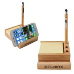 A bamboo desk organiser with a phone holder, featuring sections for a pen and sticky notes. It has a logo.