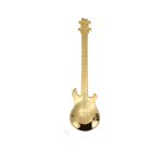A gold guitar-shaped spoon with detailed design features and a logo on the surface.