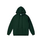A dark green hooded sweatshirt with a front pocket and a drawstring hood. It features a logo on the label.