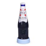 A drink bottle with a blue base, showcasing a frosty beverage inside, resting on a light blue coaster.