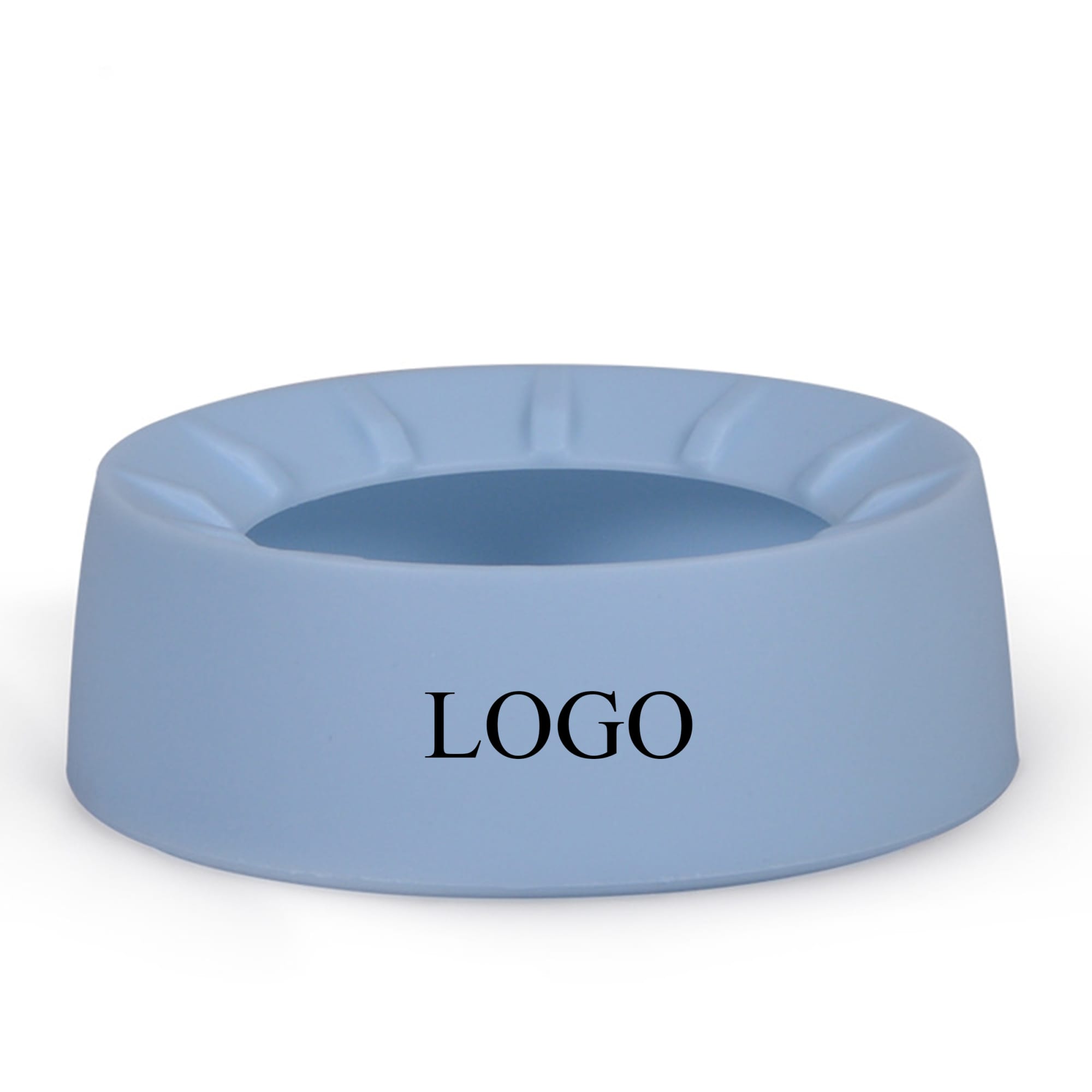 A drink bottle coaster in light blue featuring a circular shape and an indented design with a logo. A drink bottle coaster in light blue featuring a circular shape and an indented design with a logo.