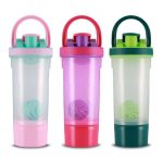 A drink bottle set featuring three shaker cups in pink, purple, and green, with matching lids and logos.