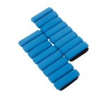 A collection of blue silicone weighted bracelets arranged in a grid pattern, with a black fastening band on each.