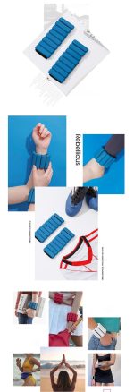 A silicone weighted bracelet in blue, displayed from various angles on a white and blue background, with hands wearing it.