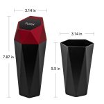 A geometric black and red car trash can with a push-top lid, featuring a logo on the top.