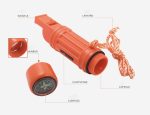 An orange survival tube featuring a whistle, compass, flintstone, mirror, and lanyard. It has a capsule for storage.