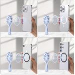 A magnetic suction phone holder in white, demonstrating its functionality with various smartphone models.