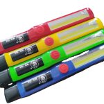 Four Cob work lights in red, yellow, green, and blue, each featuring a button and a branding logo.