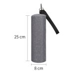 A drink bottle cooler in grey fabric, featuring a strap and measures 25 cm in height and 8 cm in diameter.