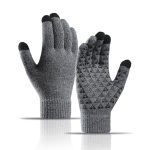 A pair of grey thick adult gloves featuring three finger touch tips and a textured grip pattern.