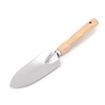 A stainless steel gardening trowel with a wooden handle, ideal for planting and digging tasks in the garden.