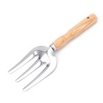 A garden fork with a polished silver head and a wooden handle, ideal for soil aeration and cultivation.
