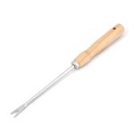 A garden tool with a wooden handle and a metal forked tip, ideal for cultivation tasks.