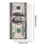 A large beach towel featuring a design that resembles a 100-dollar banknote, predominantly in green and white.