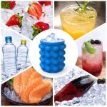 A blue silicone ice cube maker and bucket surrounded by various drinks and food items on ice.