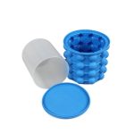 A blue silicone ice cube maker and bucket, featuring a lid and a removable inner container for ice cube formation.