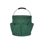 A green portable tool basket with a sturdy handle and multiple outer pockets for storage.