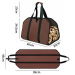 A brown log carrier tote bag with black straps, filled with wood logs, displayed from different angles.