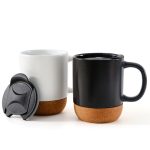 Two ceramic mugs with a cork base; one is white and the other is black. Each mug has a lid.