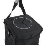A foldable trash can in black fabric with a lid featuring a circular opening and a shoulder strap.