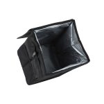 A foldable car trash can in black, featuring an insulated silver interior and a secure fastening mechanism.