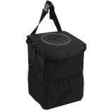 A foldable black car trash can with a lid, carrying handle, and side mesh pockets for storage.