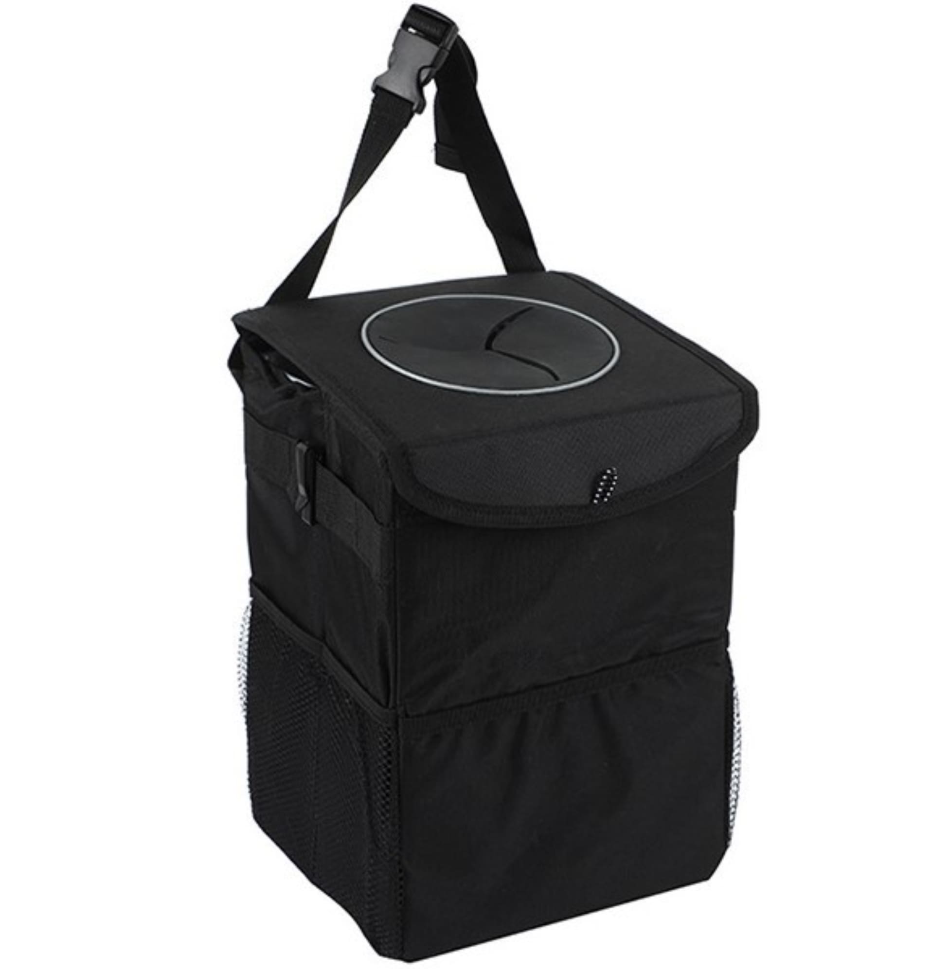 A foldable black car trash can with a lid, carrying handle, and side mesh pockets for storage. A foldable black car trash can with a lid, carrying handle, and side mesh pockets for storage.