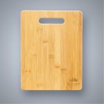 A large bamboo cutting board with a handle cutout, featuring a natural wood finish and a logo on the bottom corner.