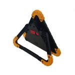 A triangular multifunctional car tool with a black body and yellow accents, featuring a foldable stand and a power button.