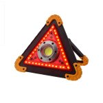 A triangular multifunctional lamp in red and black with orange accents, featuring lights and a stand.