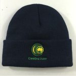 A navy blue knitted beanie hat with a cuff and an embroidered logo.