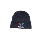A black custom knitted beanie hat with a cuff featuring a logo on the front.
