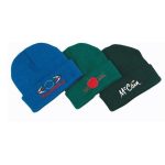Three custom knitted beanie hats featuring a cuff, in blue, green, and dark green, each with a logo or branding.