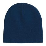 A custom knitted beanie hat in a solid navy blue colour, featuring branding.