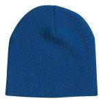 A custom knitted beanie hat in solid blue, featuring a seamless design and a logo on the side.