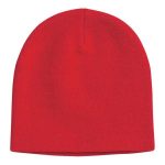 A custom knitted beanie hat in bright red, featuring a simple design and no visible logos.