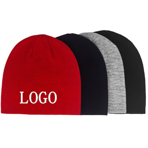 A set of four knitted beanie hats in red, black, grey, and black, featuring a logo on the red hat. A set of four knitted beanie hats in red, black, grey, and black, featuring a logo on the red hat.