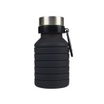 A drink bottle in black with a stainless steel top and a collapsible design, featuring a carabiner for attachment.