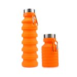 A drink bottle in vibrant orange, featuring a collapsible design with stainless steel accents and a carabiner clip.