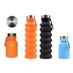 A drink bottle collection featuring collapsible designs in orange, black, and blue, with stainless steel caps and logos.