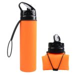 A drink bottle featuring a bright orange silicone body, with a black lid and an attached carrying loop.