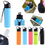 A drink bottle featuring a silicone design in various colours, including blue, pink, orange, and black, with a logo.