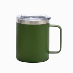 A drink bottle in green with a stainless steel lid and handle, featuring a logo.