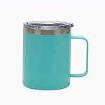 A teal travel mug with a stainless steel rim and a handle, featuring a lid.