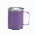 A drink mug in a vibrant purple colour with a stainless steel band and a clear lid.