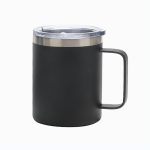 A drink bottle featuring a sleek black design with a stainless steel rim and a clear lid. It has a sturdy handle and a logo.