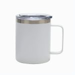 A drink mug in white with a clear lid and stainless steel rim, featuring a handle and a logo on the front.