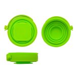 A drink bottle set featuring a foldable design in bright green silicone. Includes a lid and a logo.